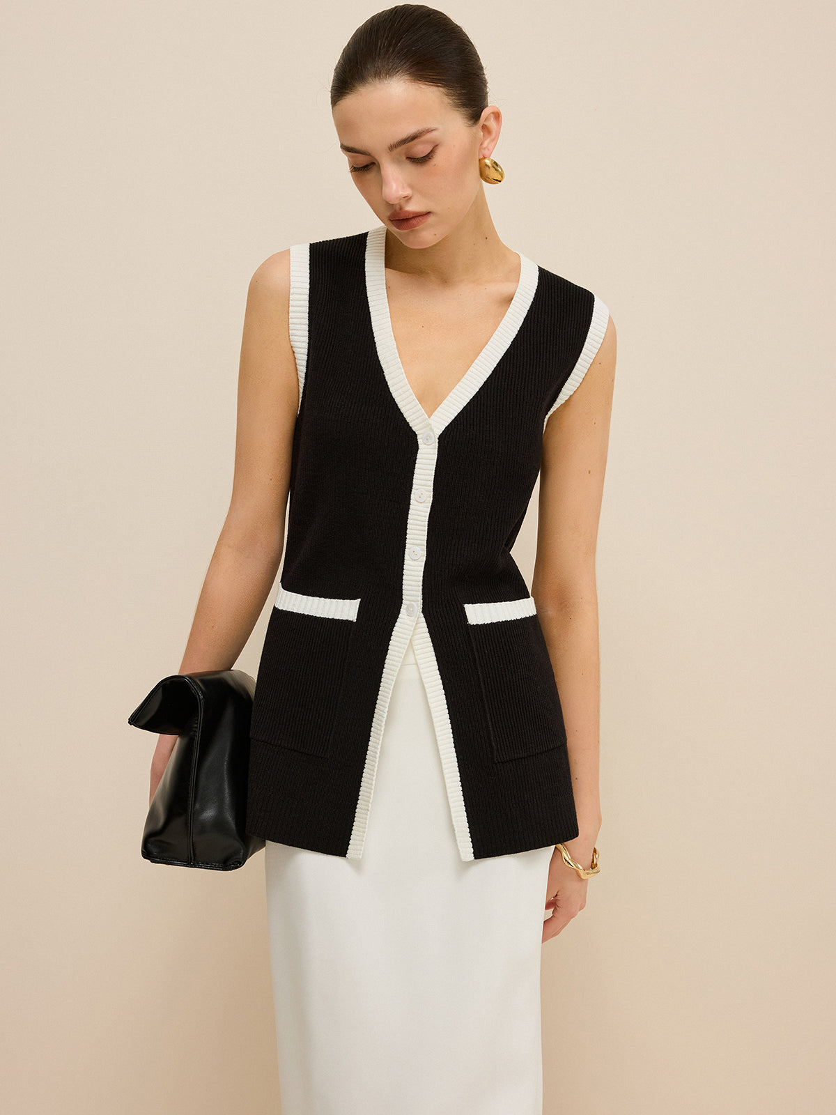 Contrast Trim V-Neck Knit Vest