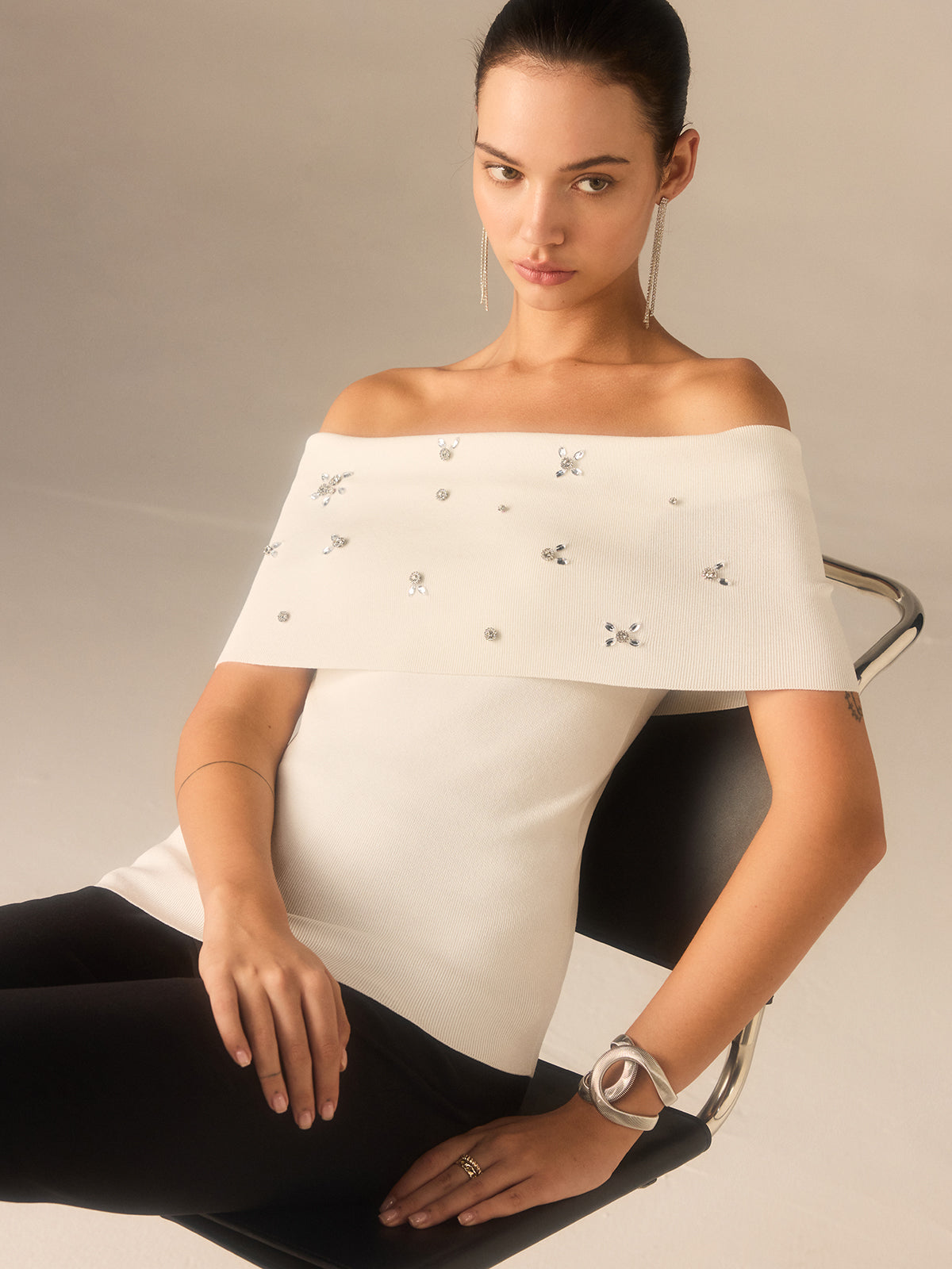 Off-Shoulder Knit Top with Crystal Embellishments