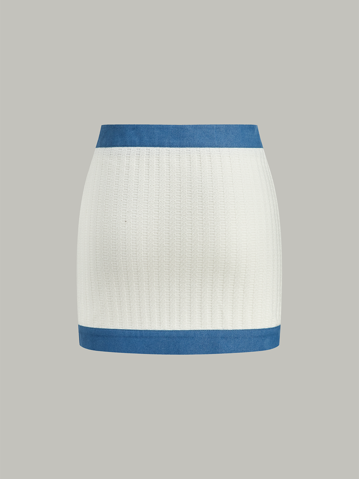 Denim-Trimmed Knit Mini Skirt with Metal Button