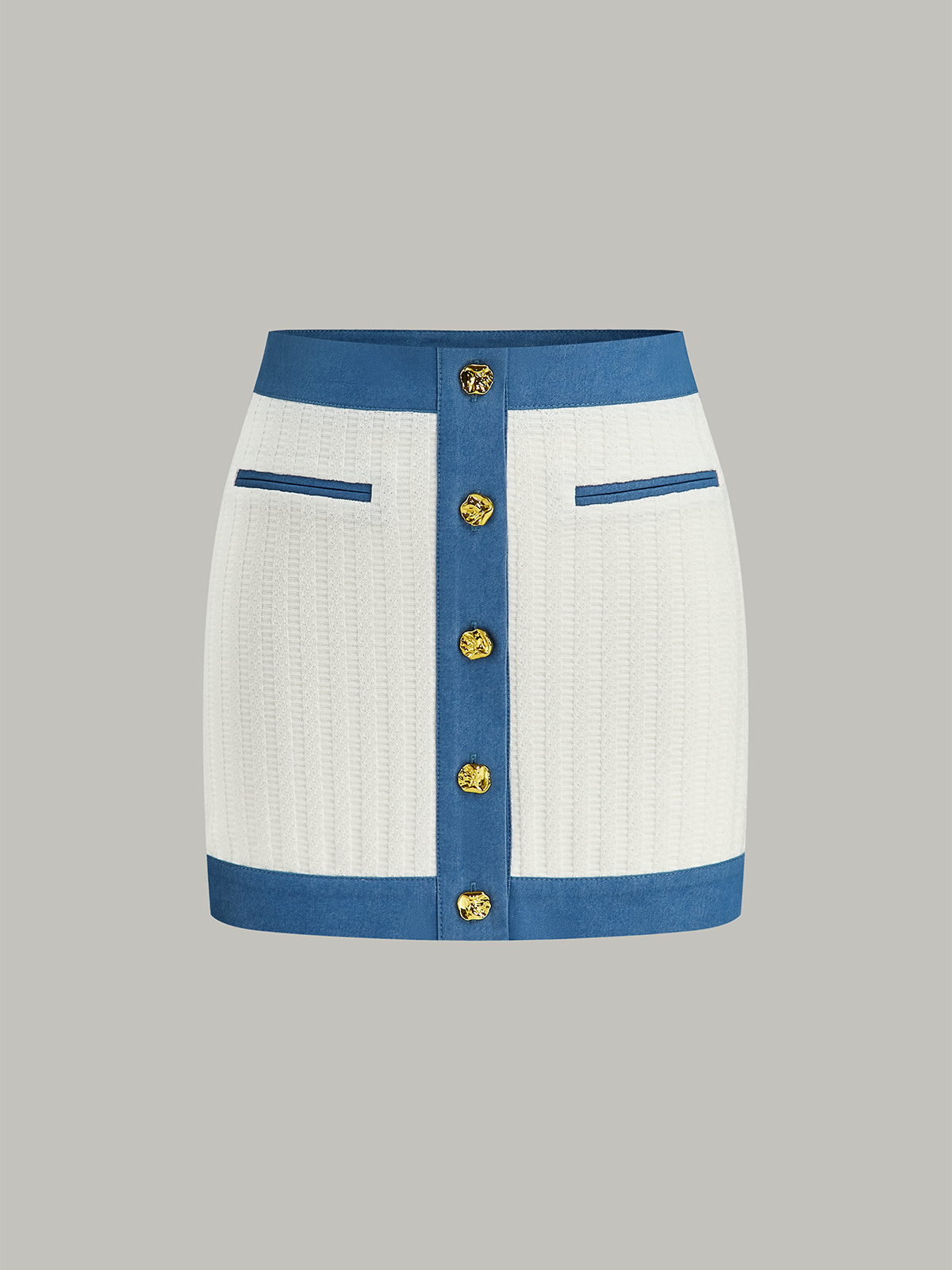 Denim-Trimmed Knit Mini Skirt with Metal Button