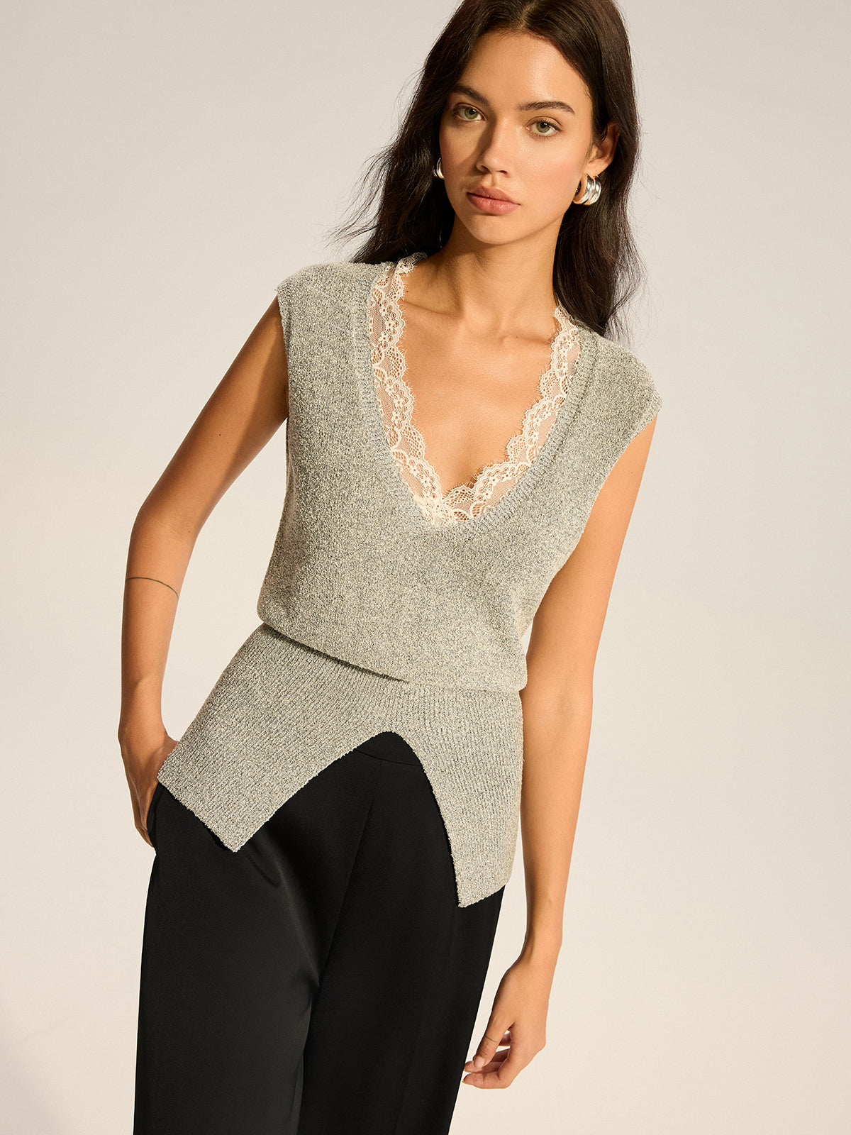 Lace-Trimmed Waist-Cinching Knitted Vest