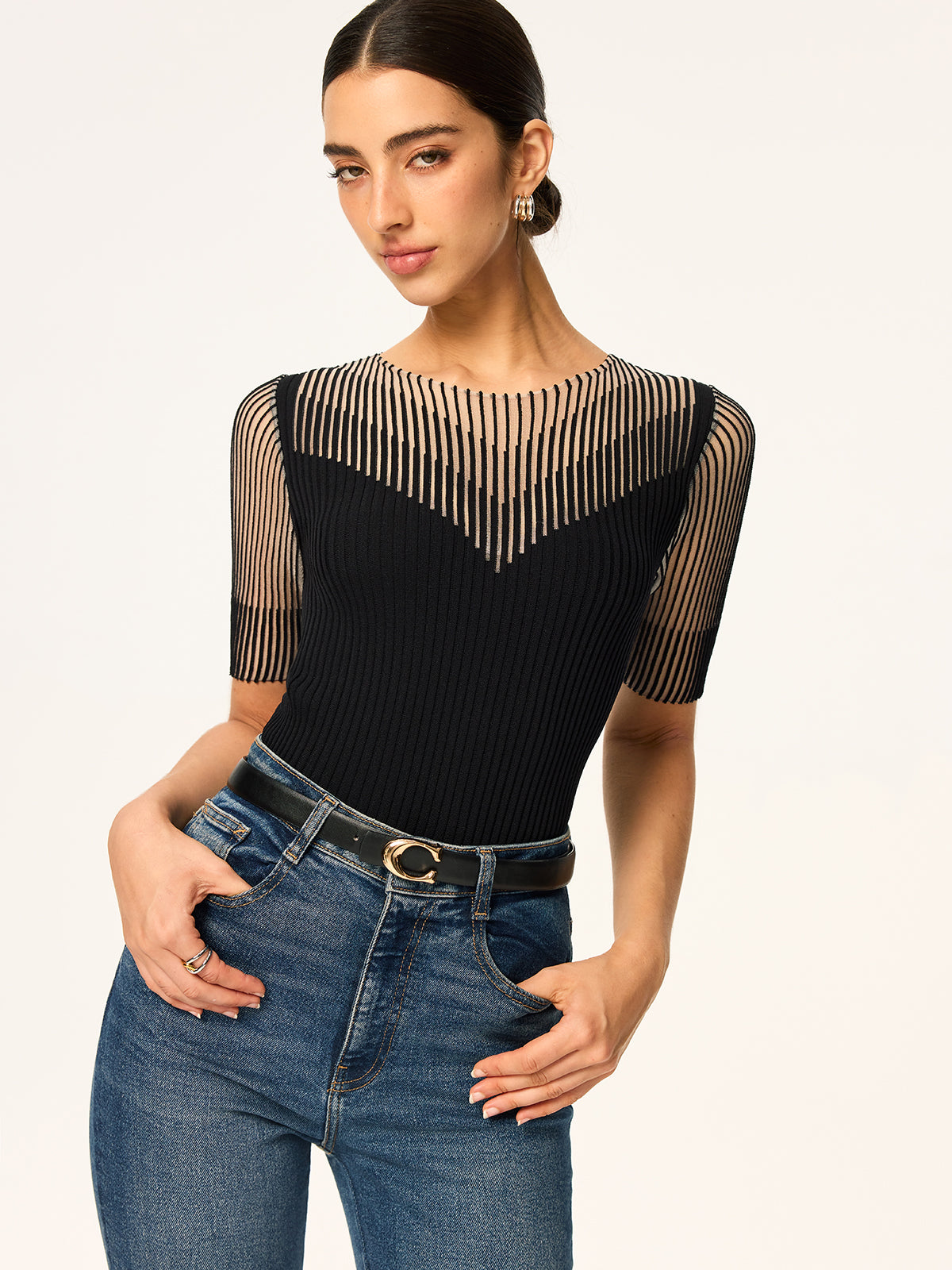 Sheer Striped Panel Ribbed Knit Top