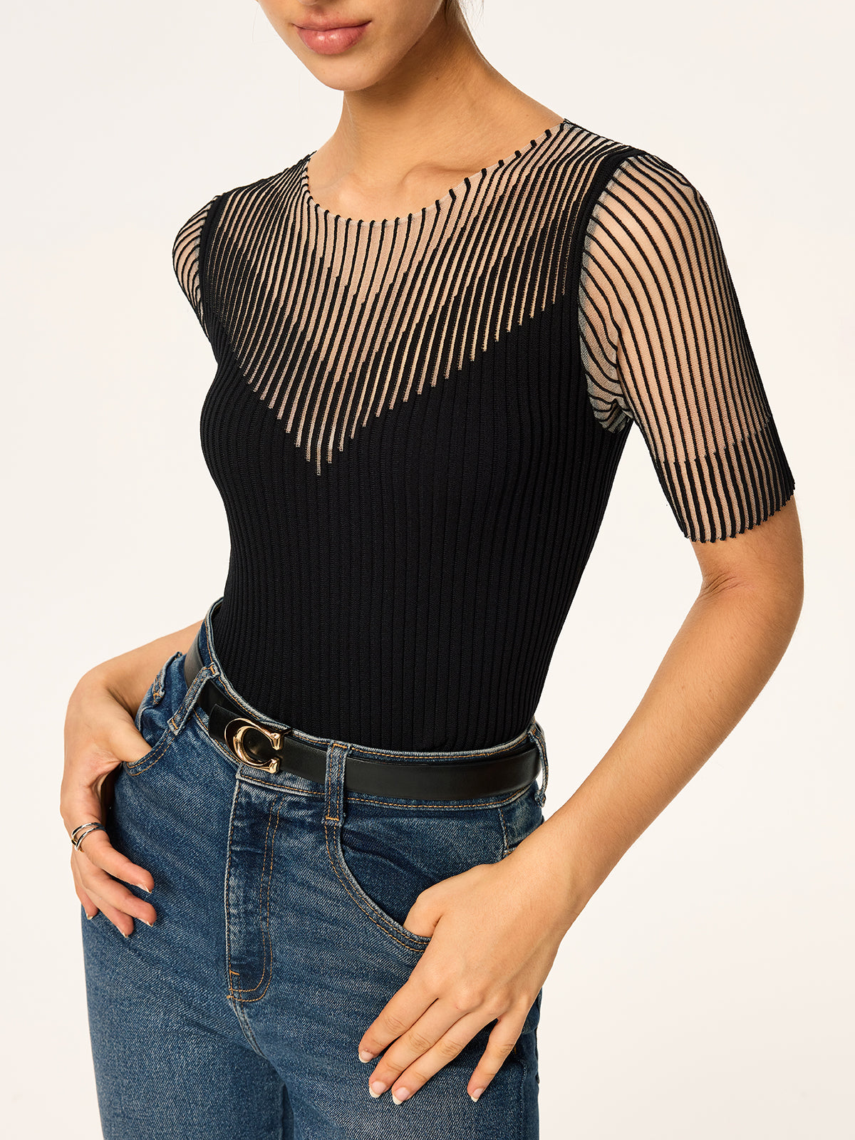 Sheer Striped Panel Ribbed Knit Top