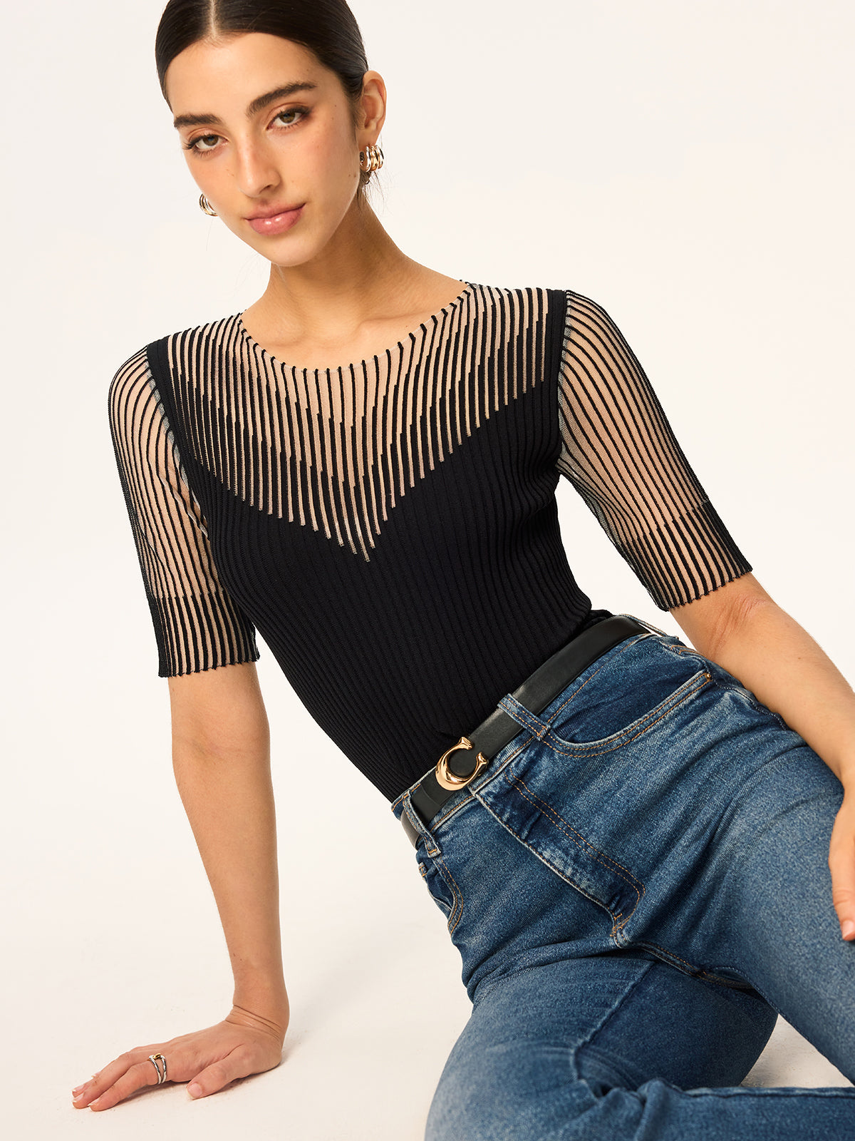 Sheer Striped Panel Ribbed Knit Top