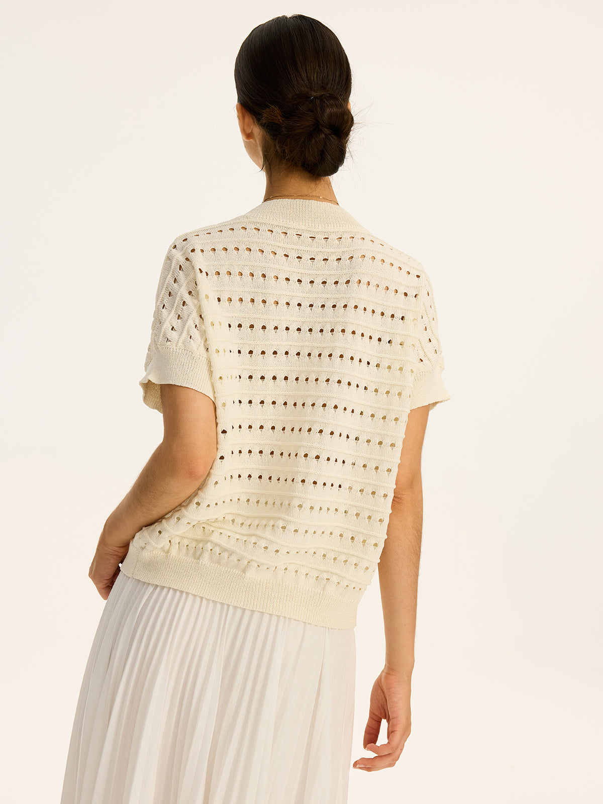 Eyelet Knit Metal Button V-Neck Cardigan