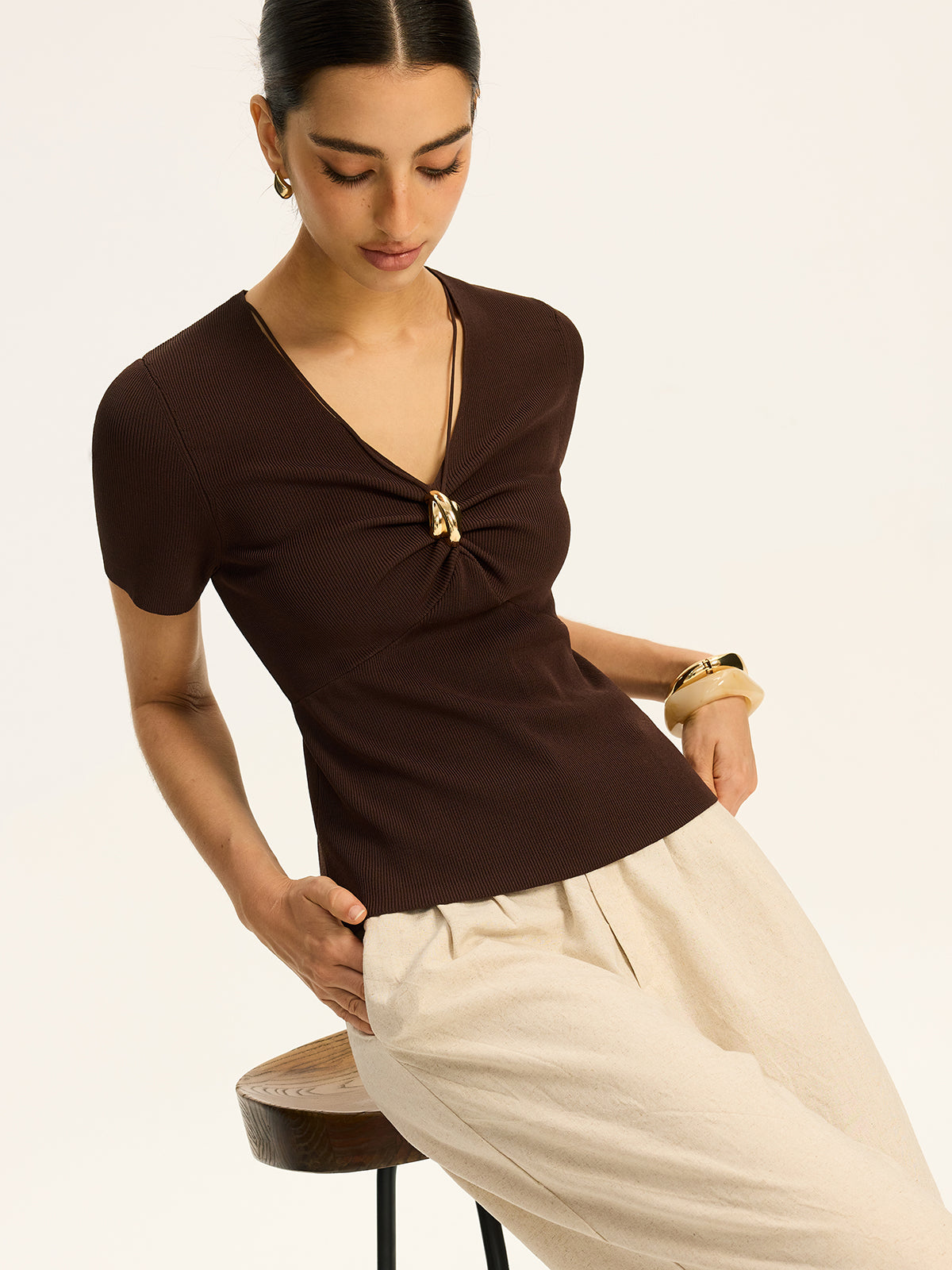 Metal Detail Ribbed Knit Top