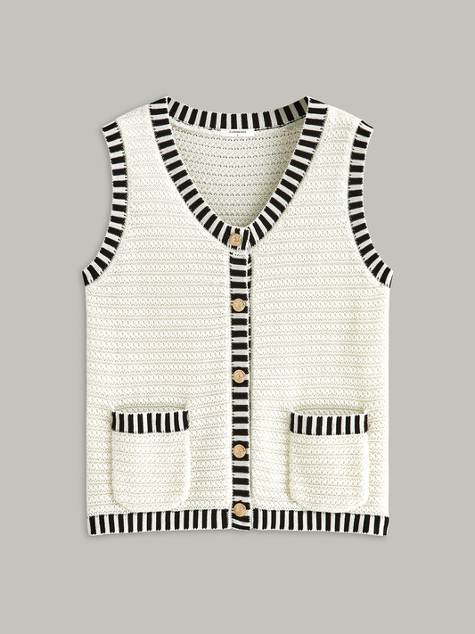Button Striped Trim Knit Vest