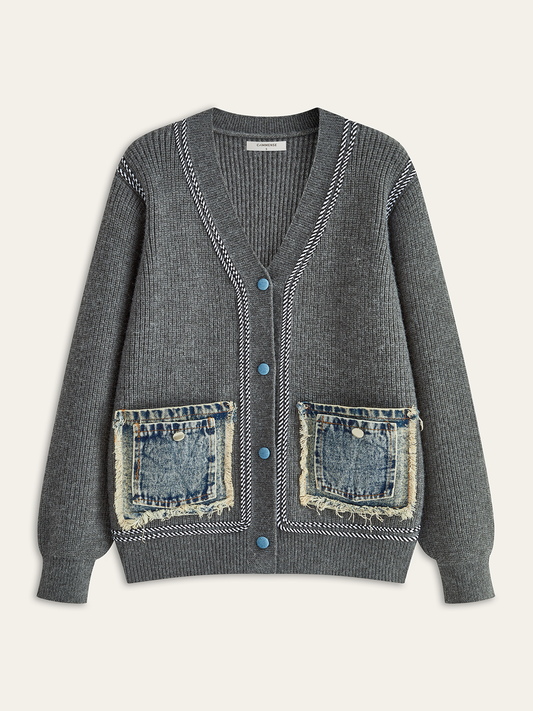 Contrast Trim Denim Panel Cardigan