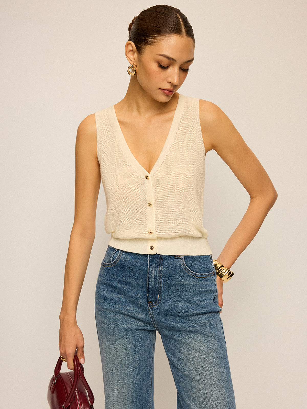 V-Neck Button Knitted Tank Top
