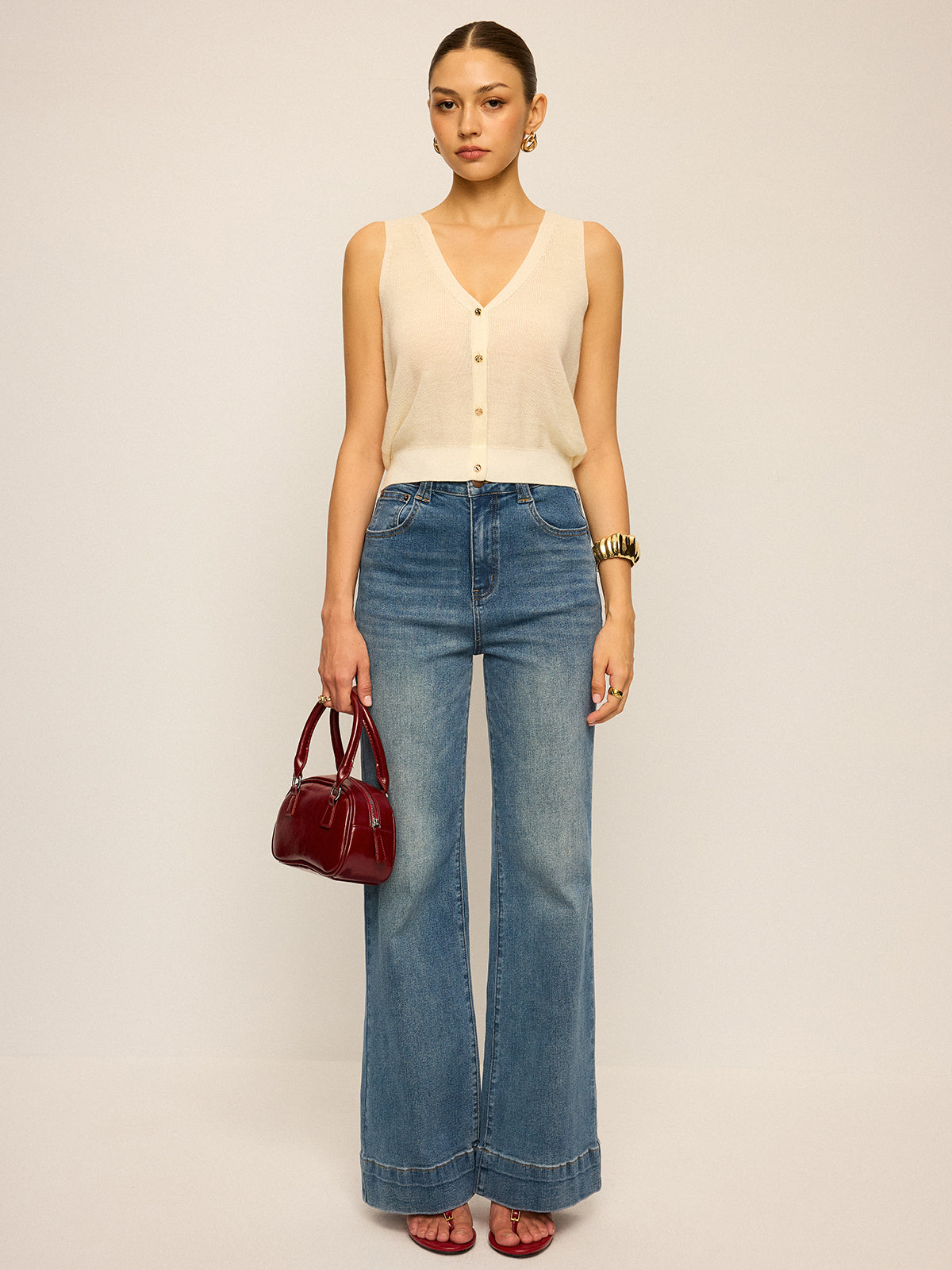 V-Neck Button Knitted Tank Top