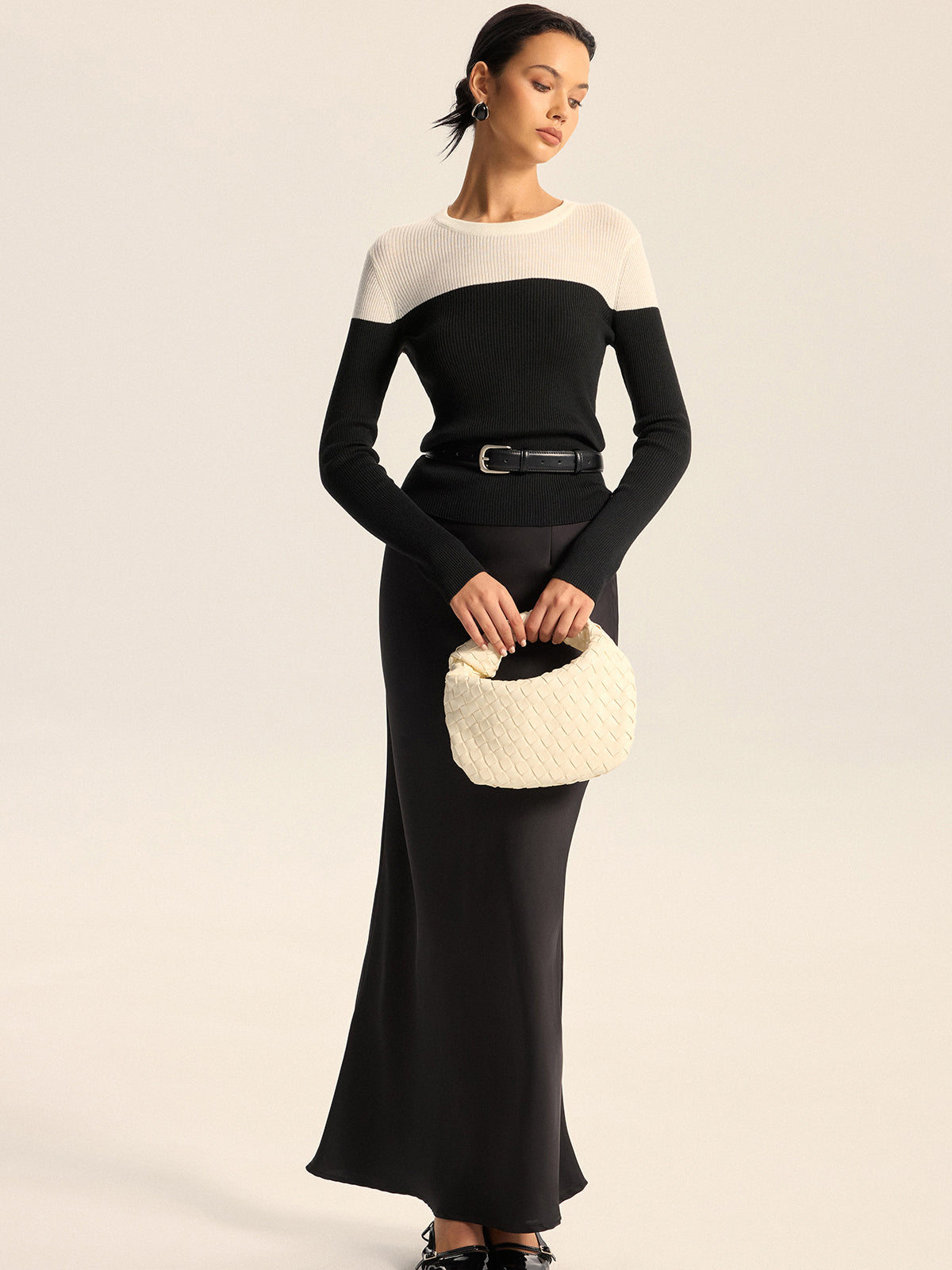 Two-Tone Ribbed Wool Blend Sweater without Belt