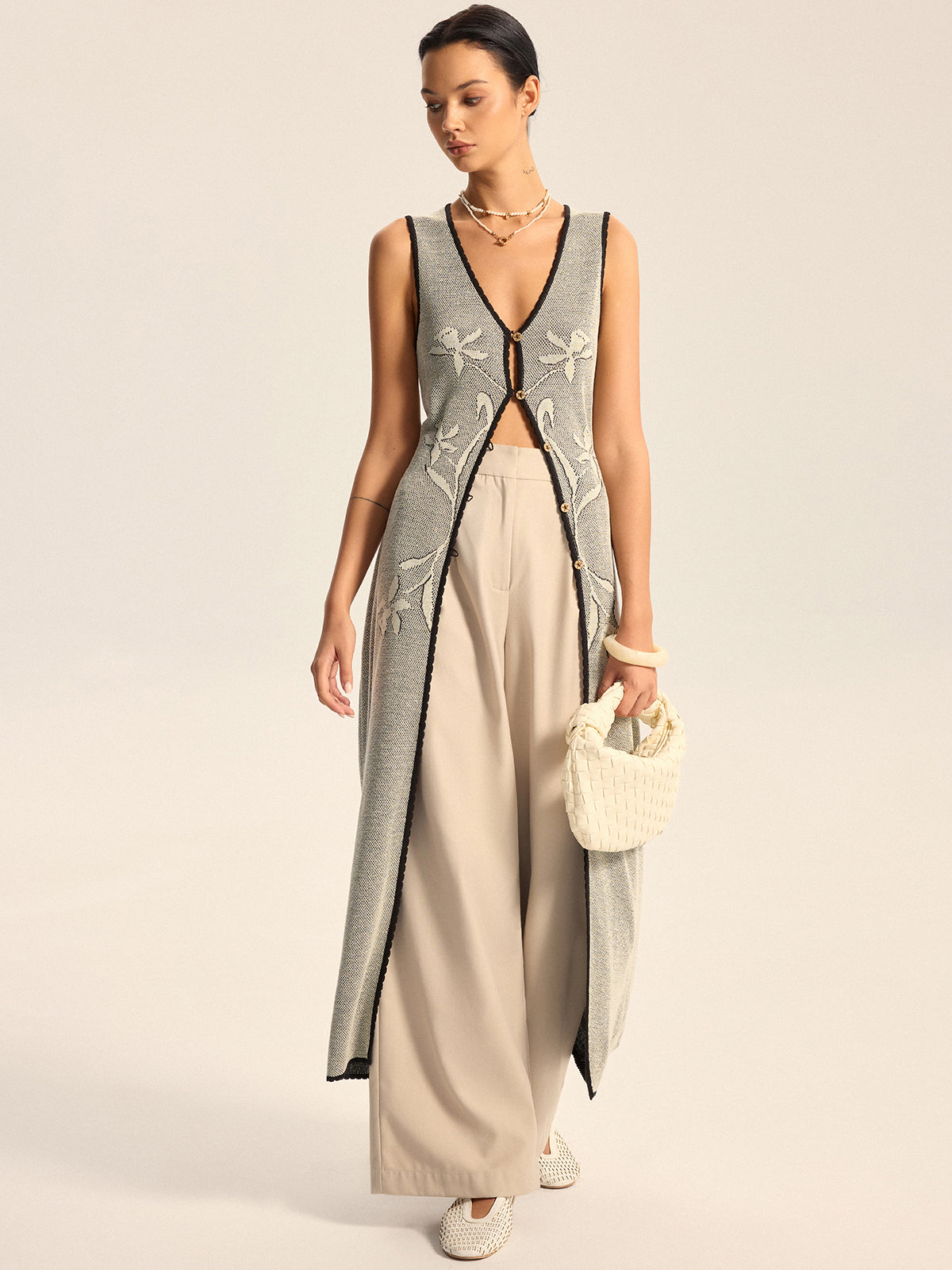 Floral Contrast Trim Knit Maxi Vest