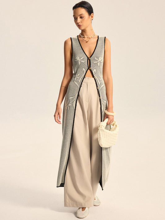 Floral Contrast Trim Knit Maxi Vest