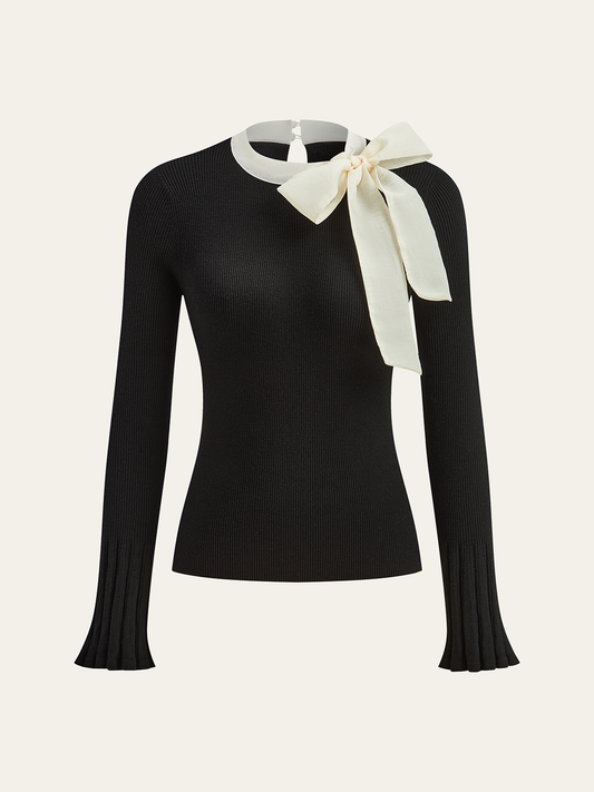 Bow Ribbed Flared Cuff Sweater