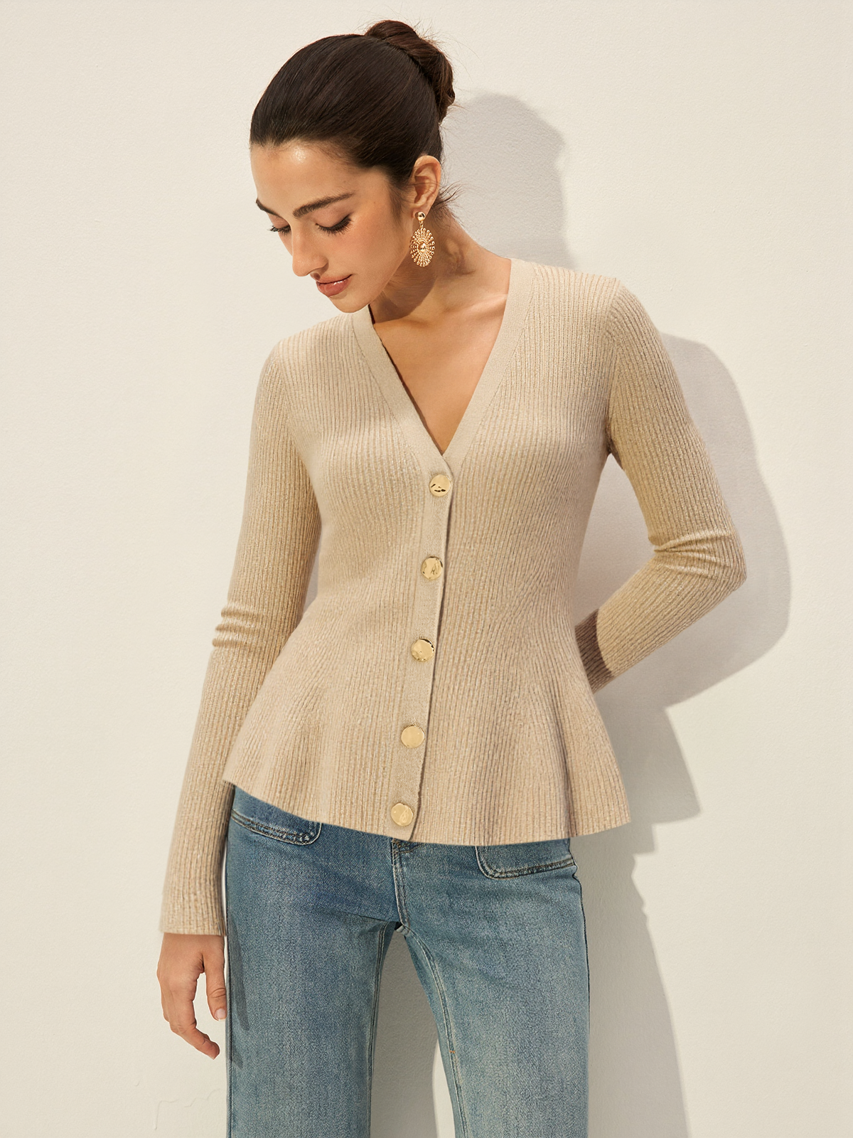V-Neck Button Ribbed Cardigan