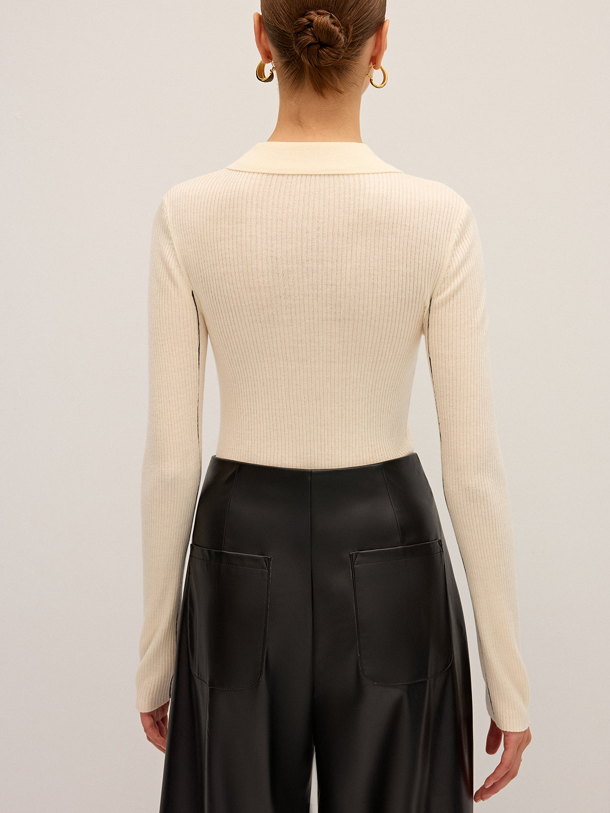 Wool Blend Ribbed Polo Knit Top