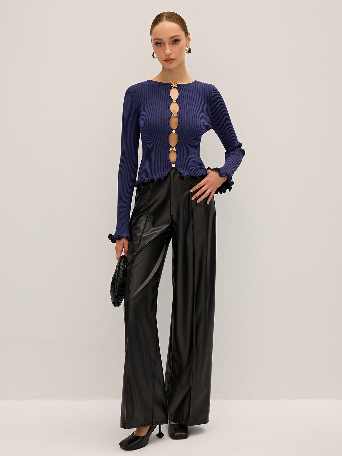 Metal Detail Cut-Out Ribbed Knit Top
