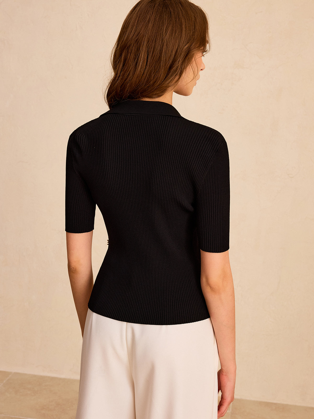 Asymmetric Metal Button Ribbed Knit Polo Top