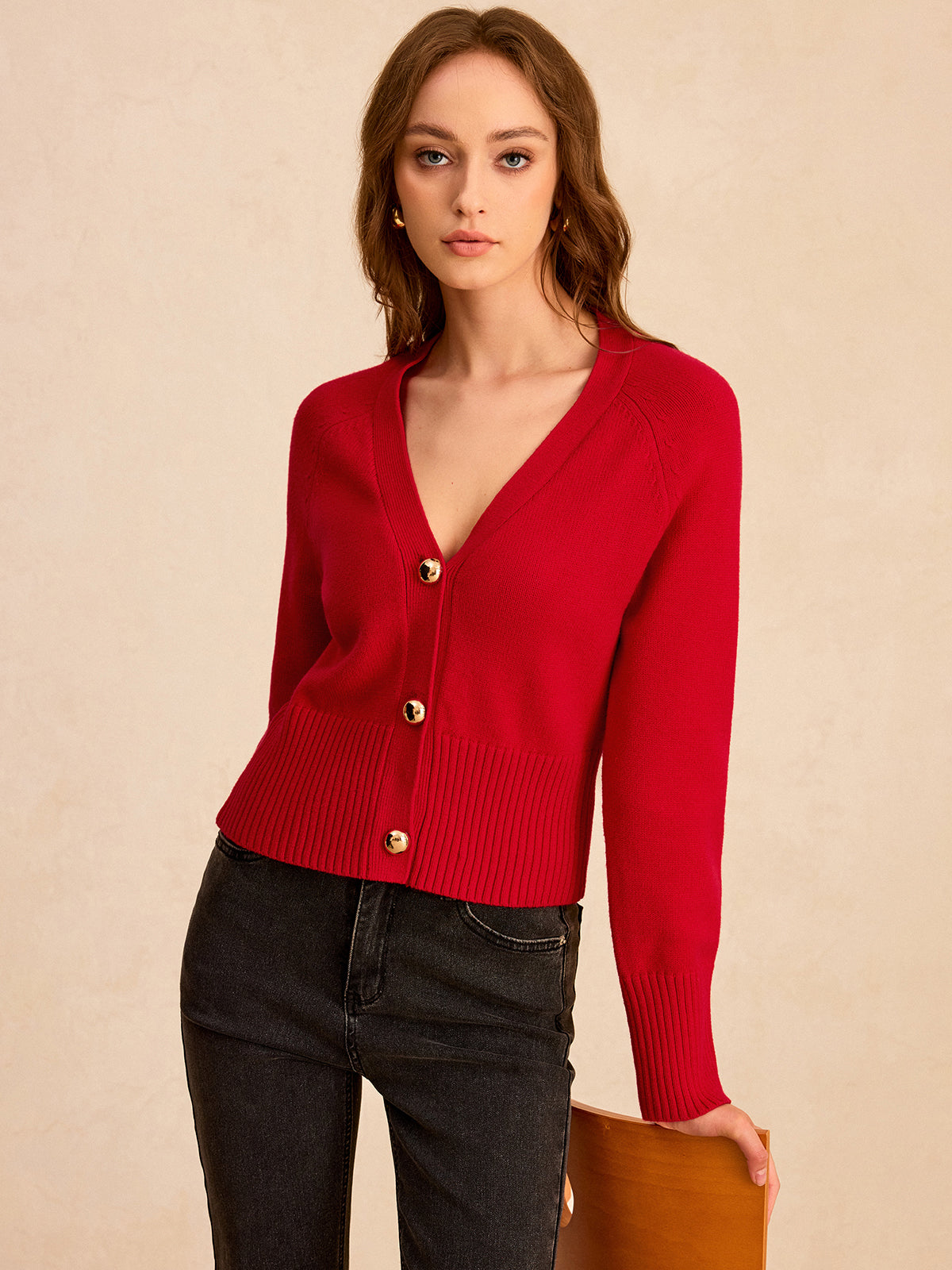 V-Neck Button-Front Knit Cardigan
