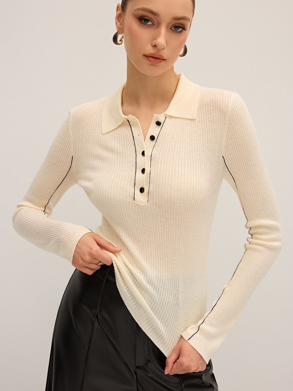 Wool Blend Ribbed Polo Knit Top
