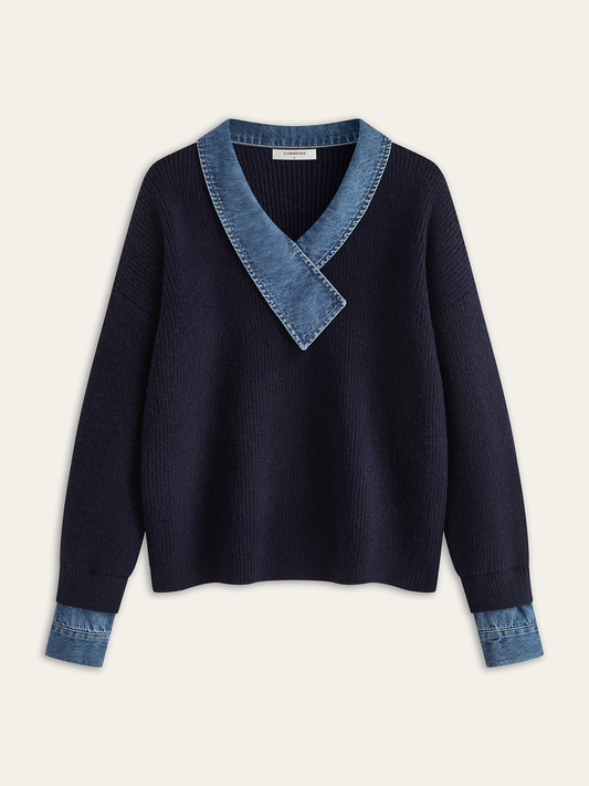 Denim Panel Asymmetric V-Neck Knit Top