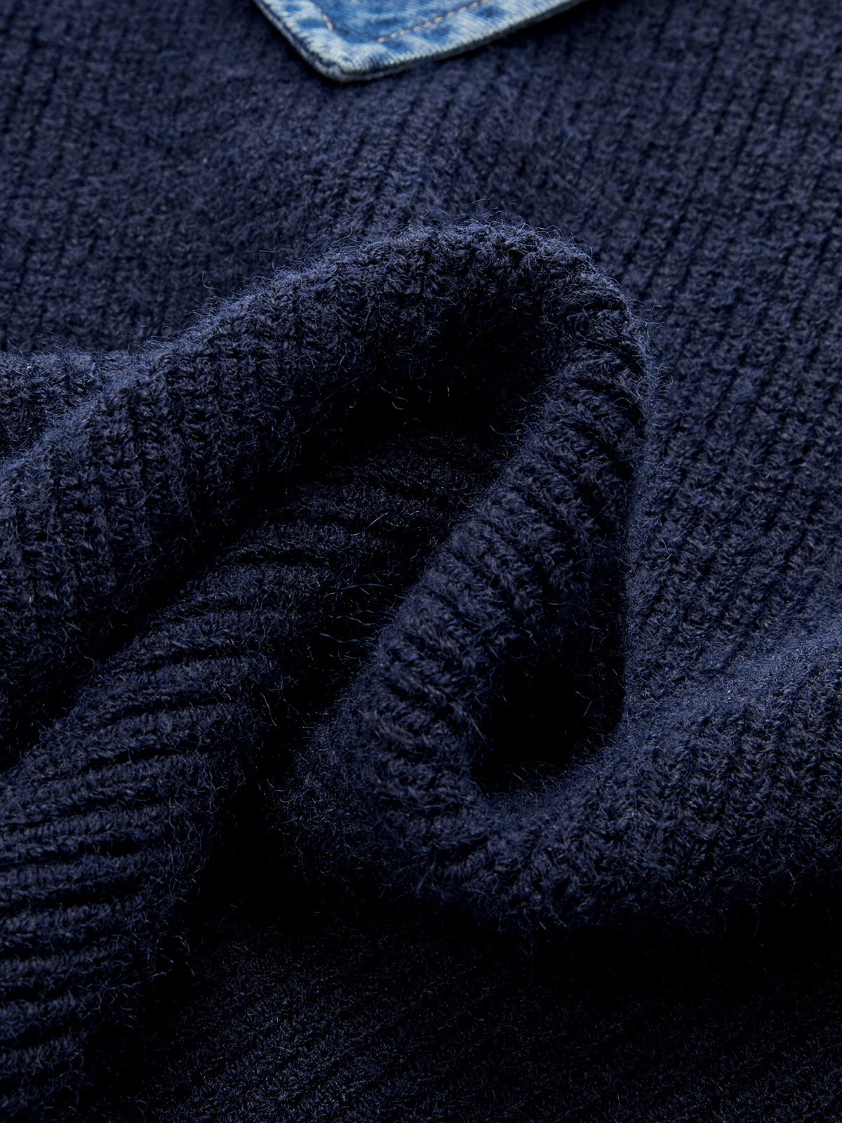 Denim Panel Asymmetric V-Neck Knit Top
