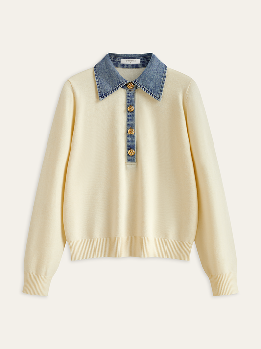Denim Collar Wool Blend Knit Top