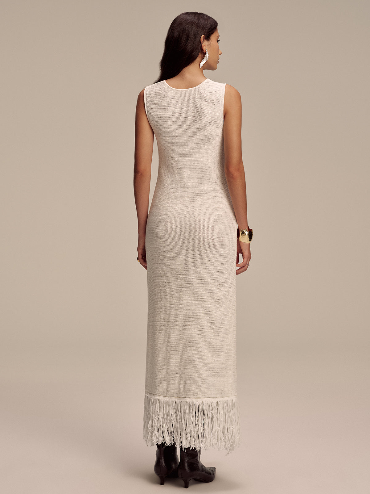 Fringe Hem Sleeveless Knit Maxi Dress
