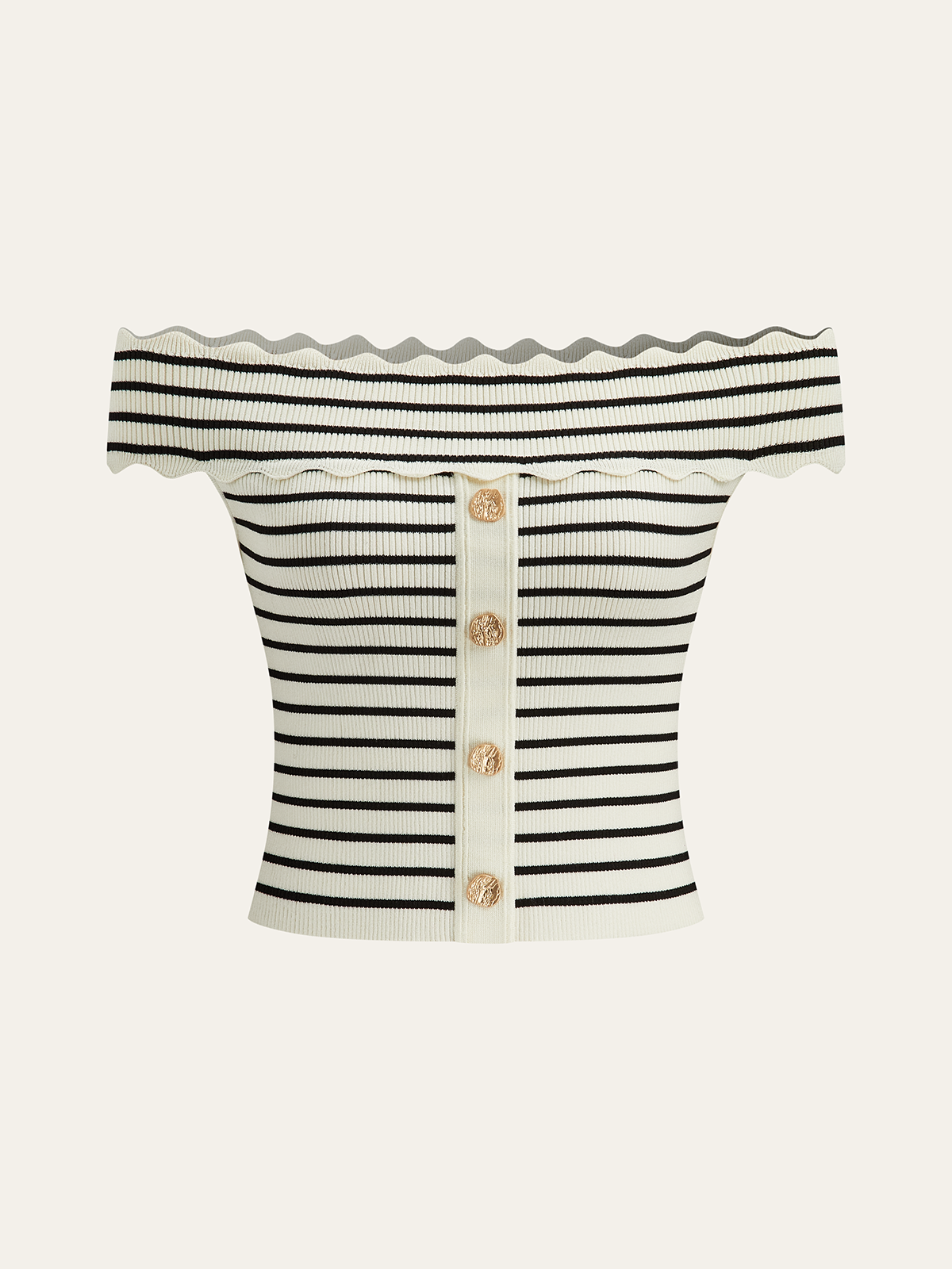 Striped Off-Shoulder Metal Button Knit Top