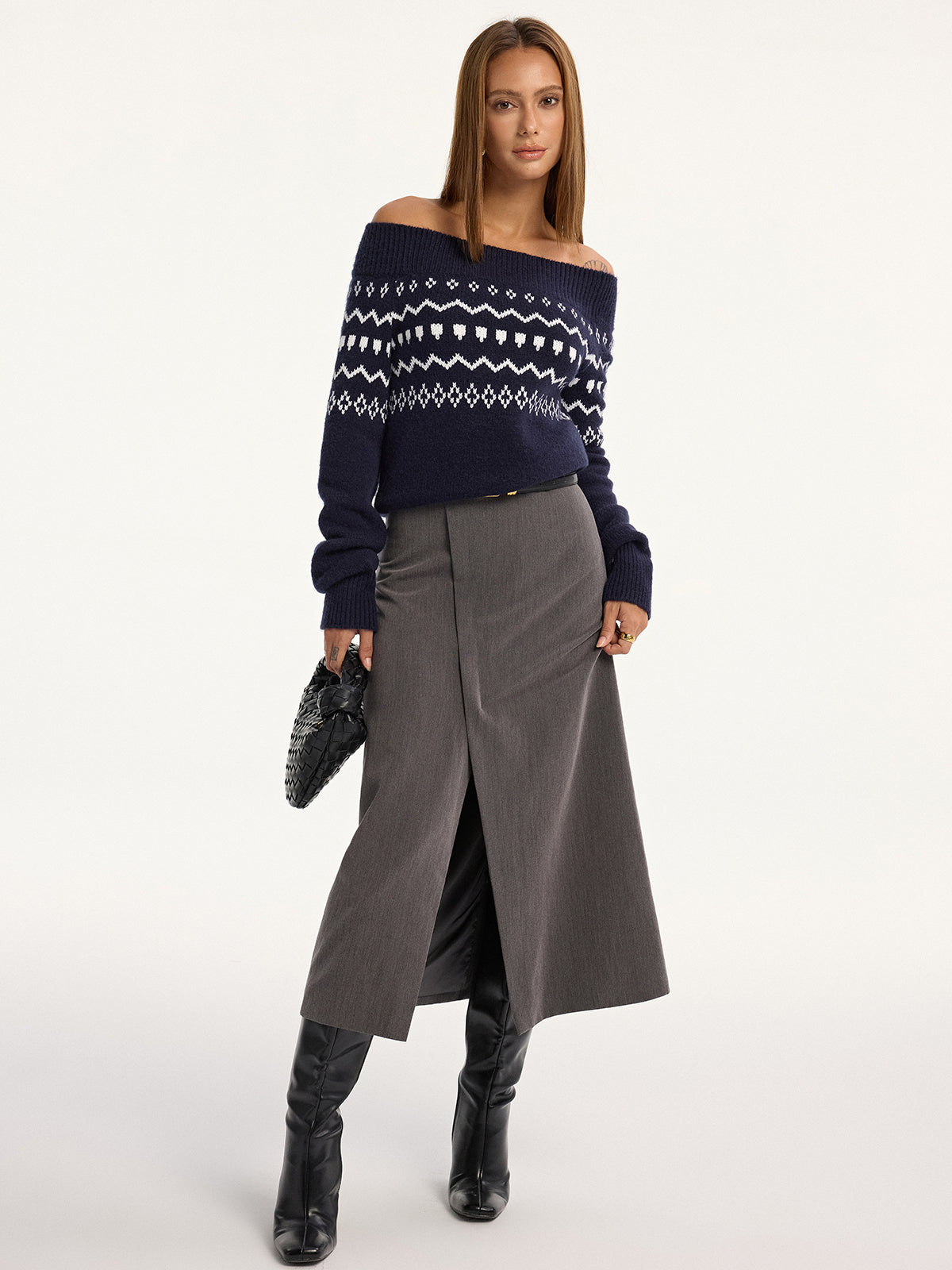Off-Shoulder Fair Isle Knit Sweater