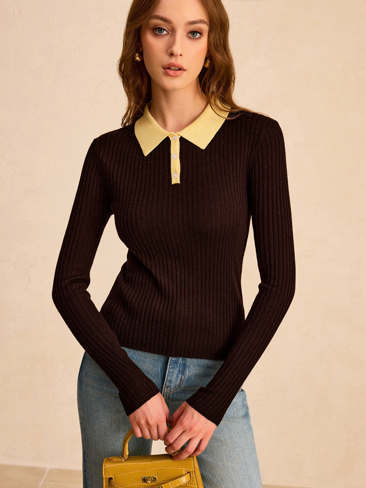 Contrast Collar Wool Blend Polo Knit Top