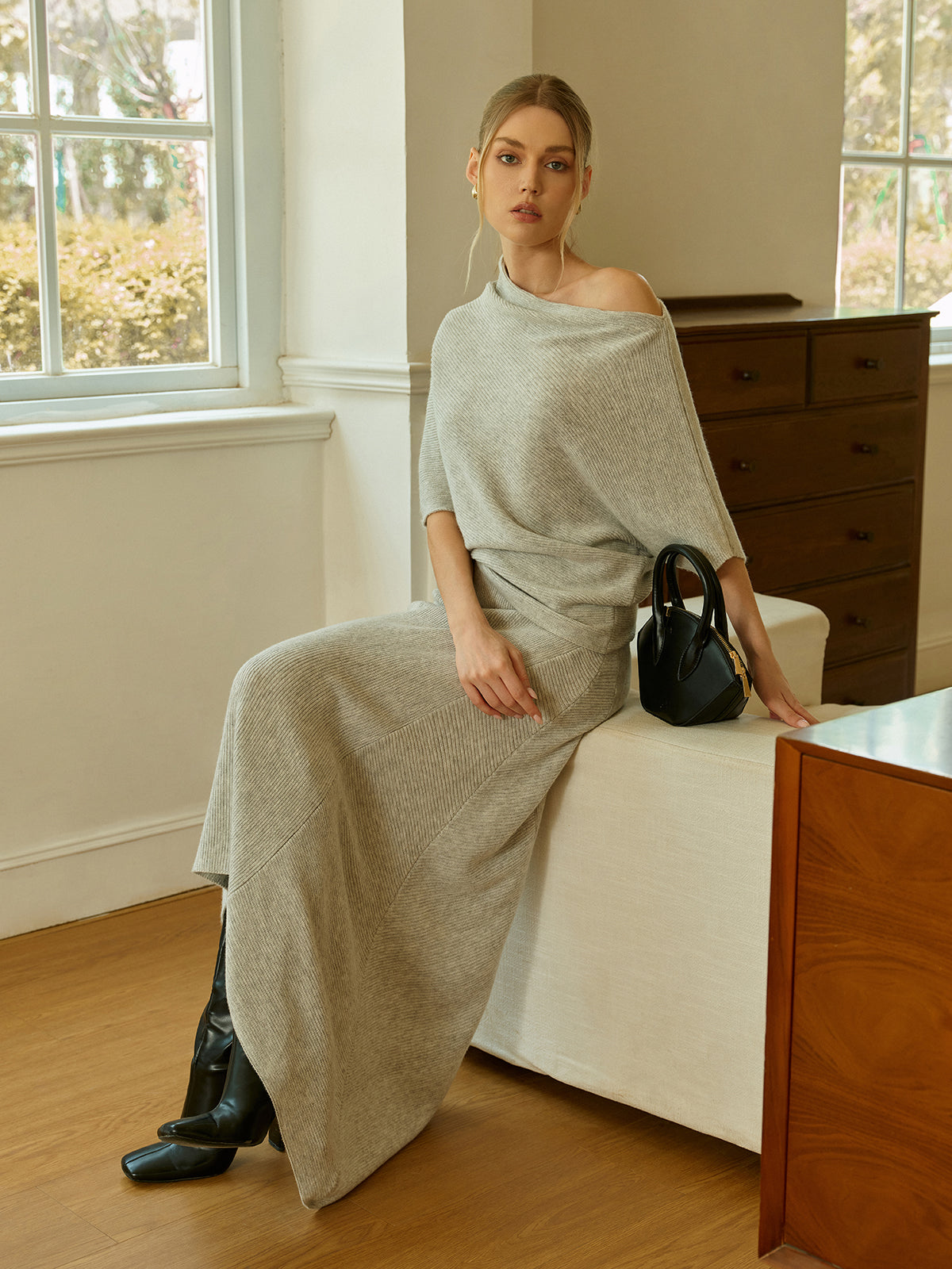 Asymmetric Wool-Blend Midi Skirt