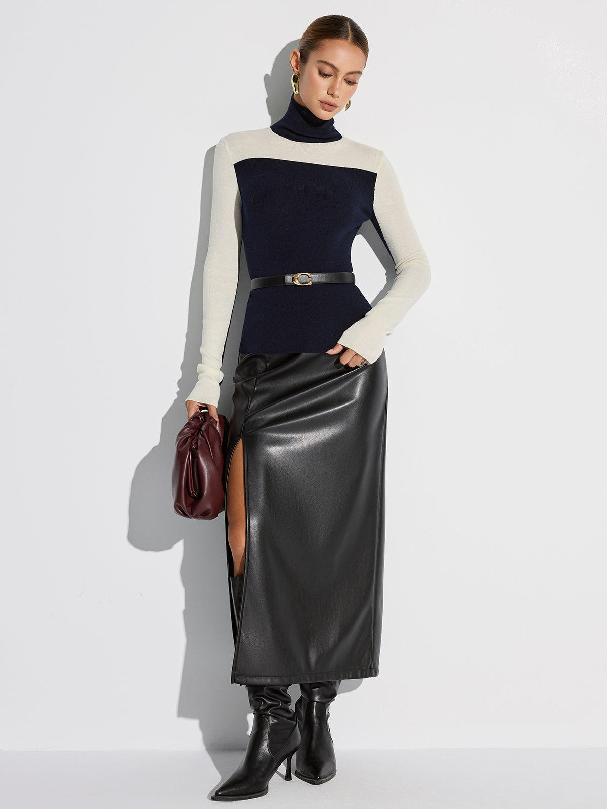Turtleneck Two-Tone Wool Blend Knit Top