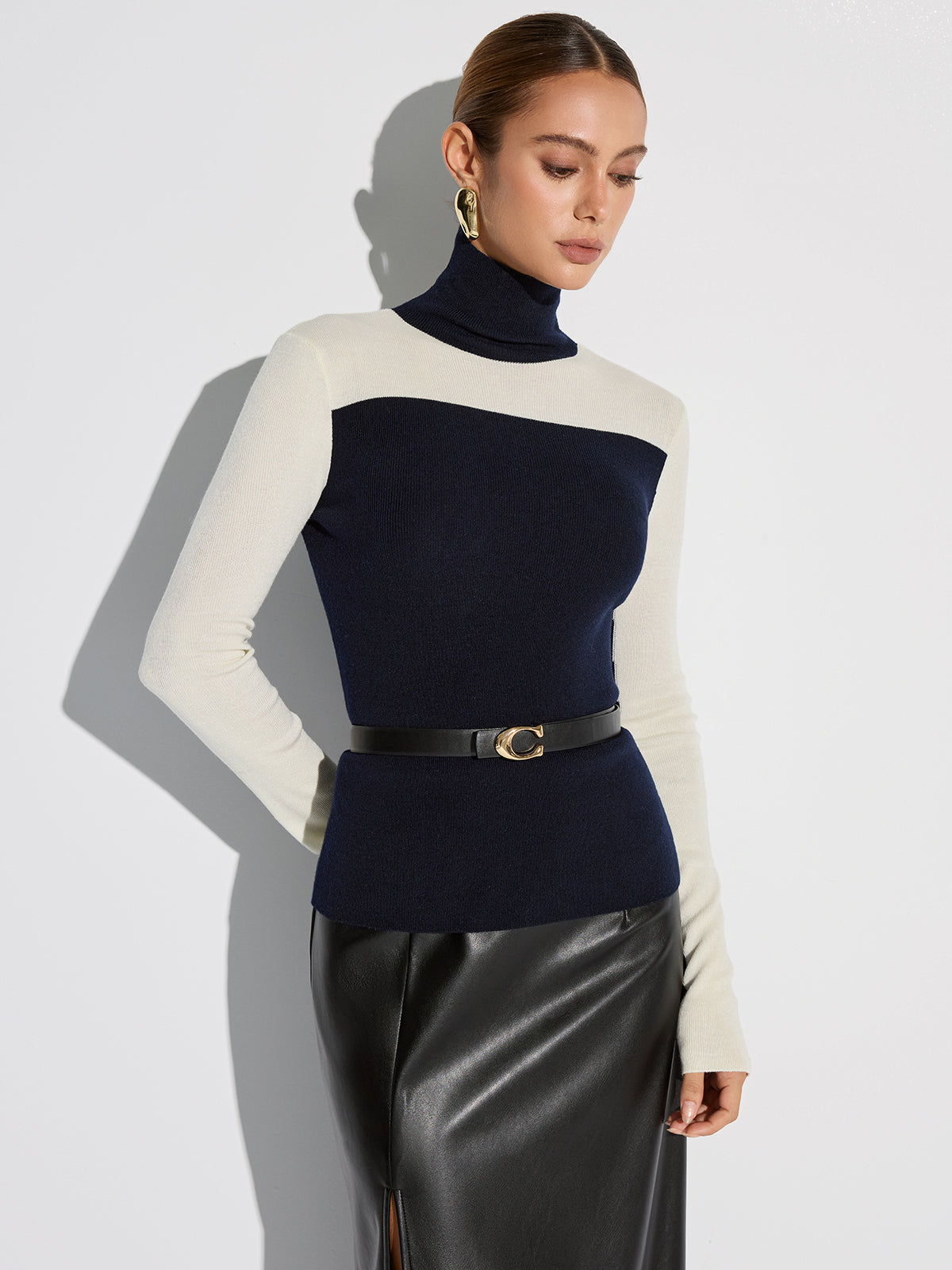 Turtleneck Two-Tone Wool Blend Knit Top