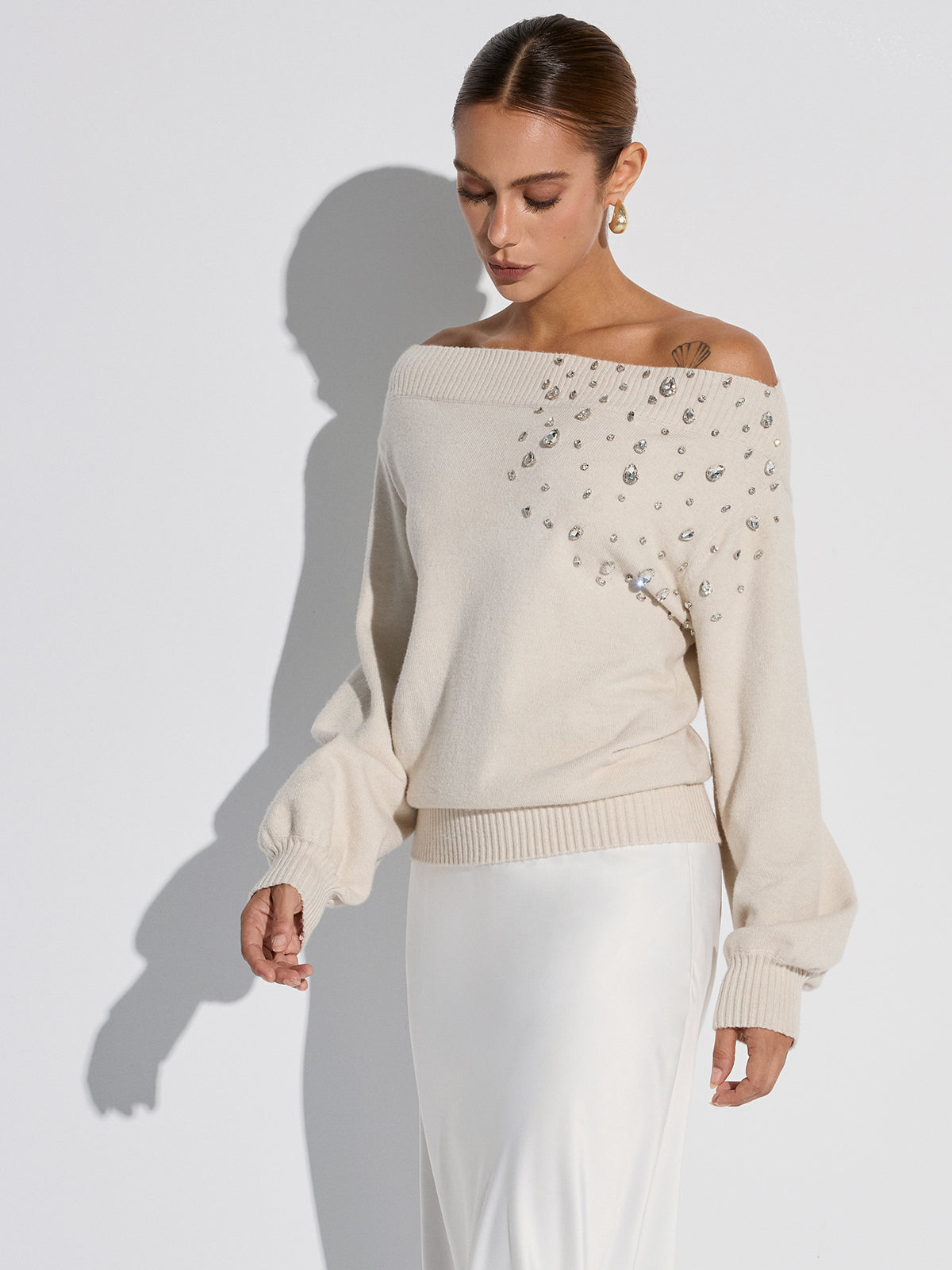 Rhinestone-Embellished Off-Shoulder Sweater