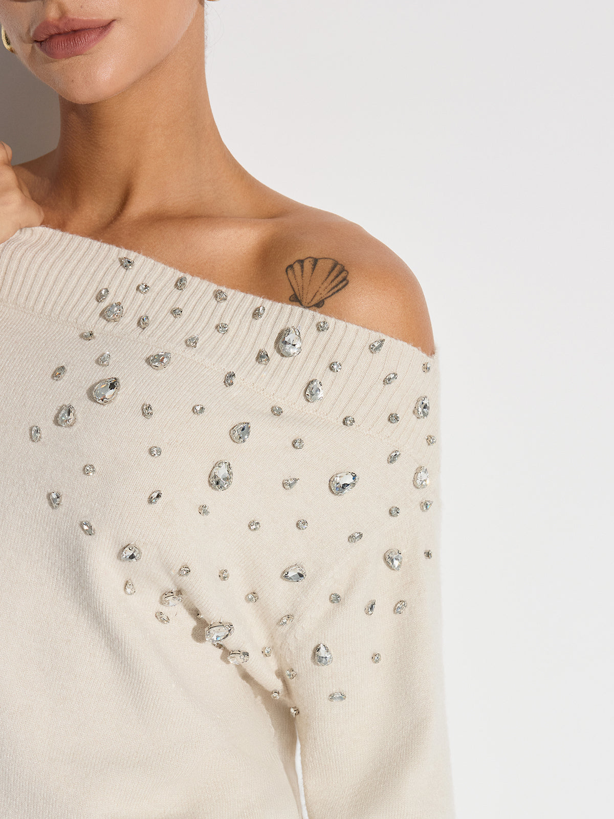 Rhinestone-Embellished Off-Shoulder Sweater