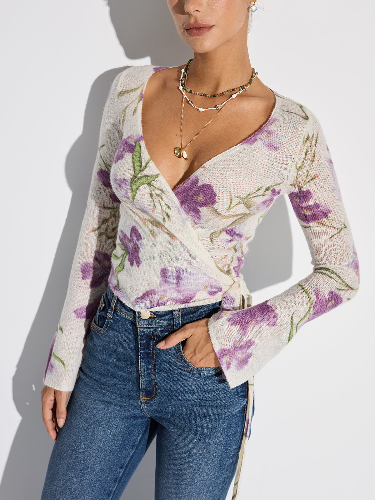 Floral Print Wrap Tie Knit Top