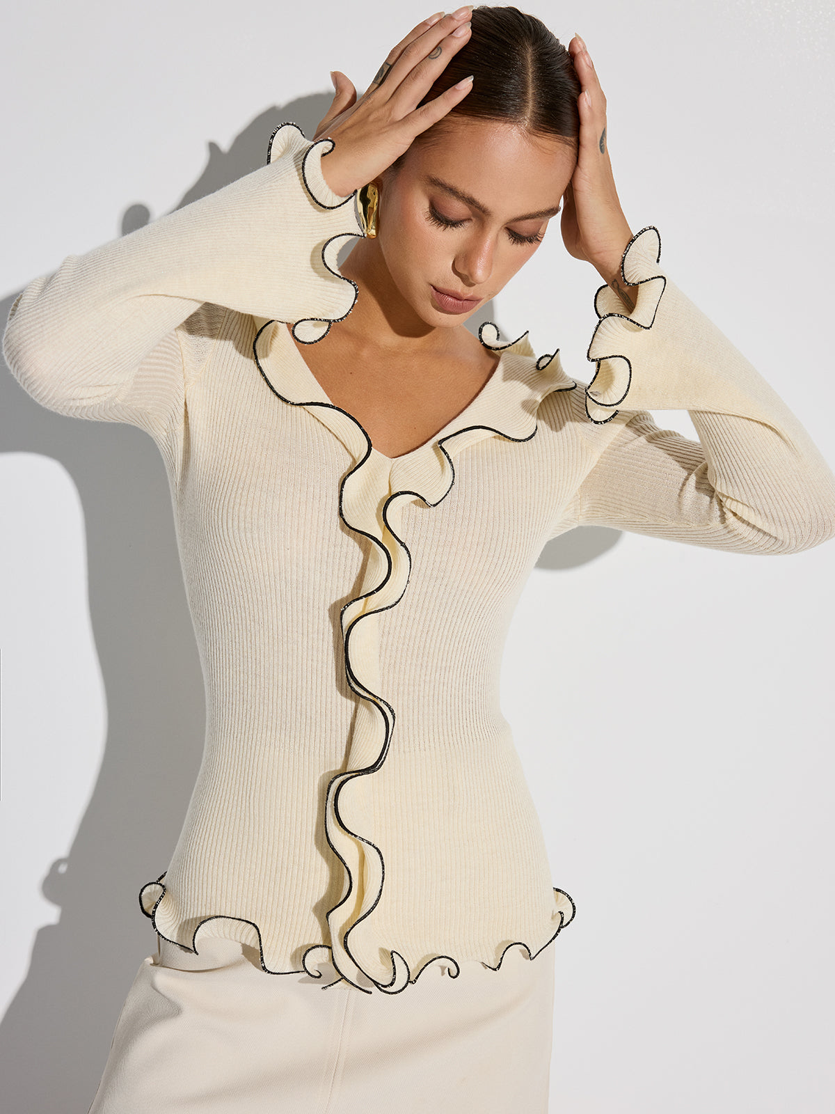 Contrast Trim Ruffled Sweater