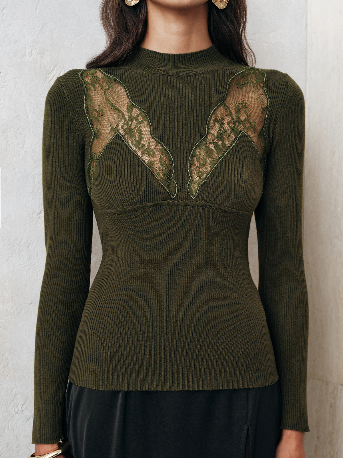 Sheer Lace Panel Mock Neck Sweater