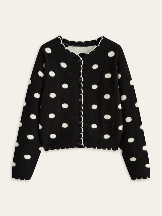 Scalloped Trim Polka Dot Knit Cardigan