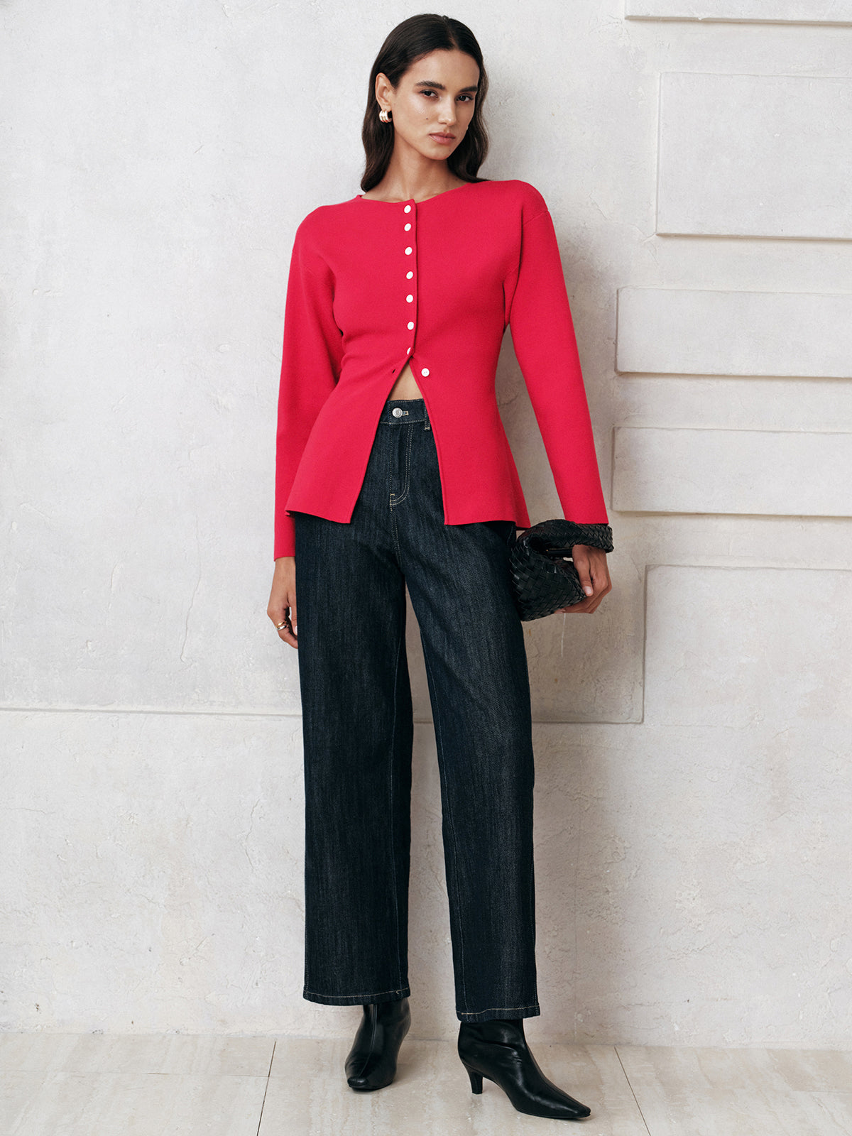 Button-Front Long Sleeve Knit Top