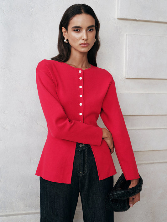 Button-Front Long Sleeve Knit Top