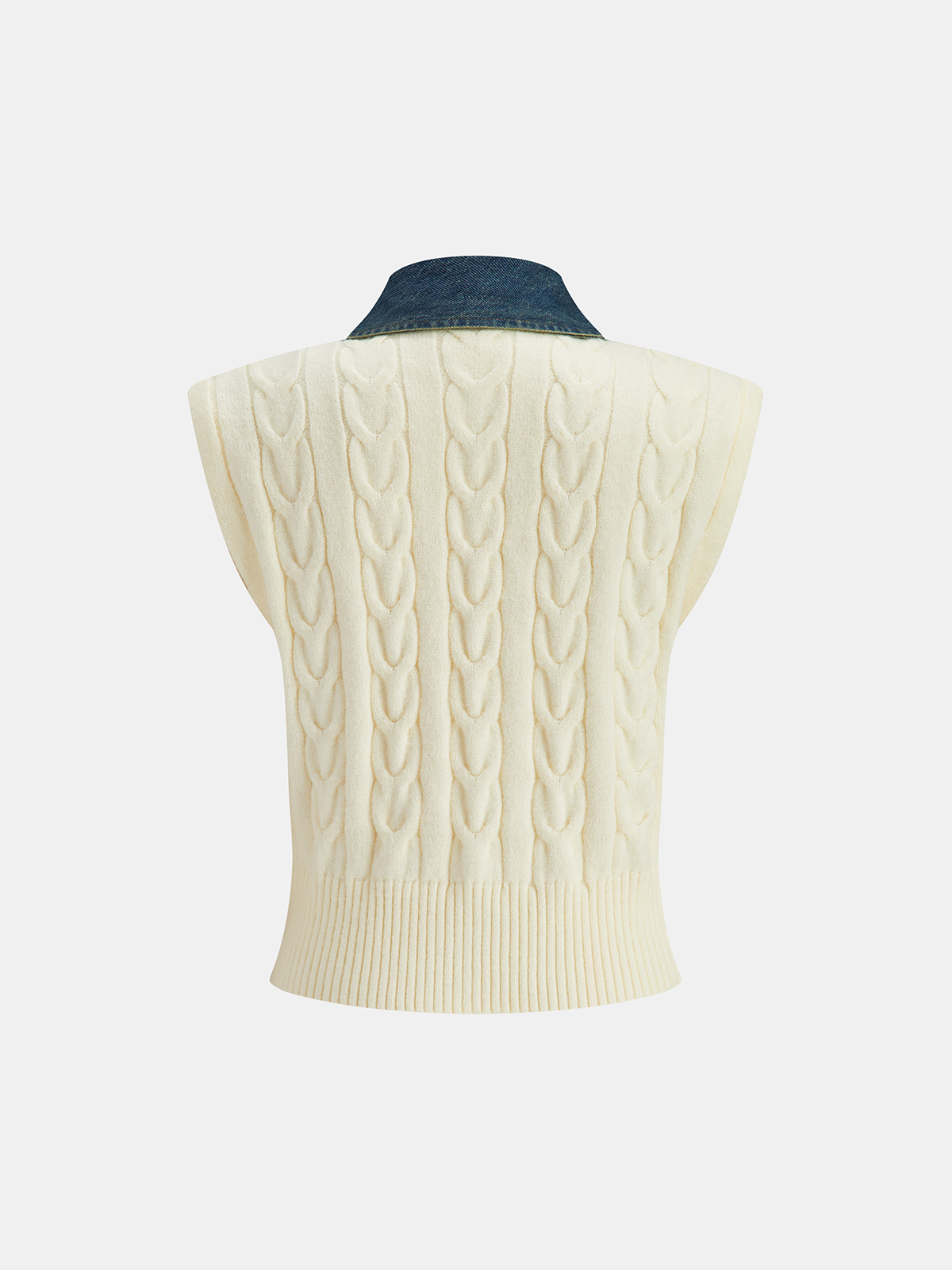 Denim Paneled Cable Knit Sleeveless Vest