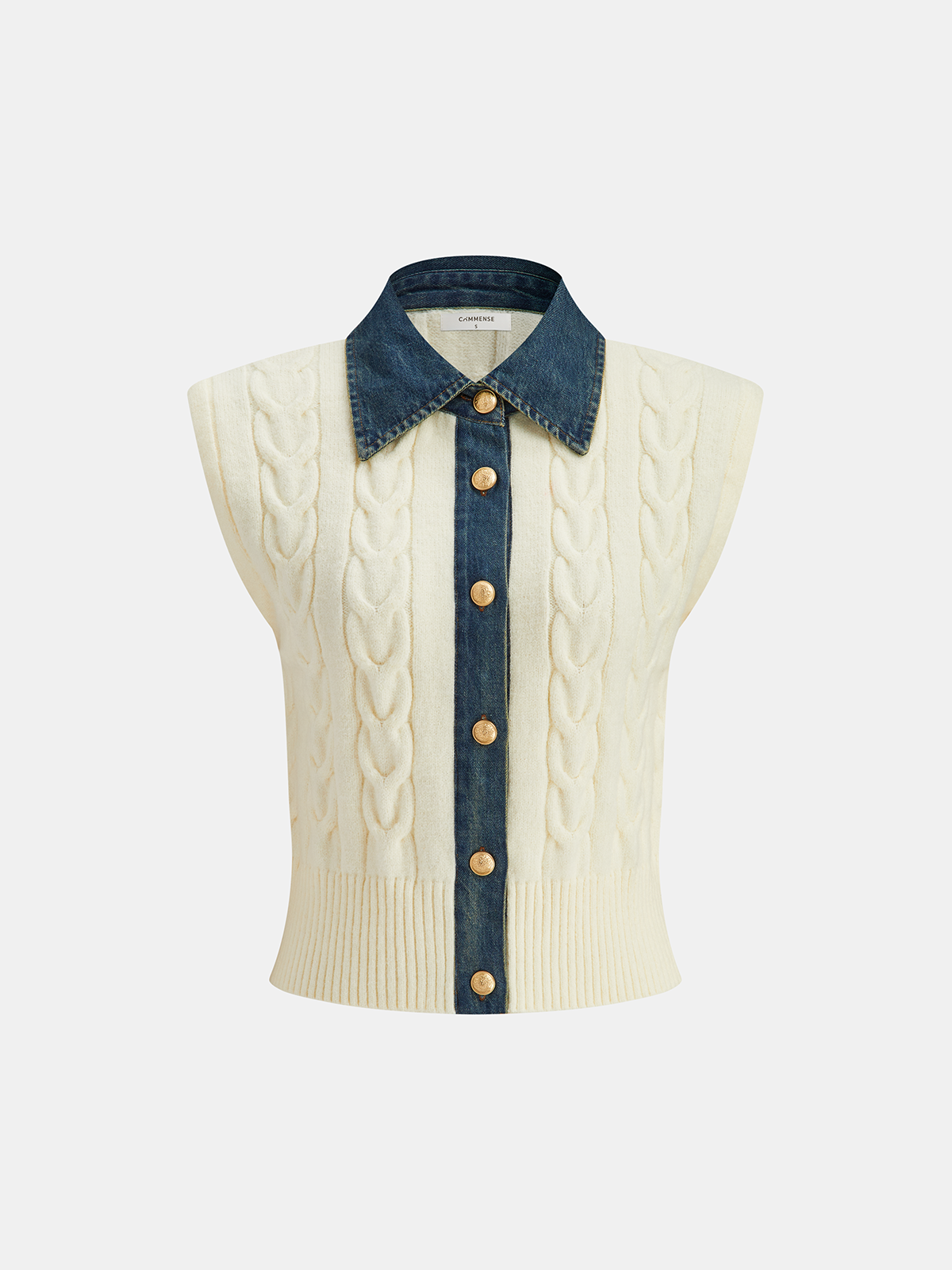 Denim Paneled Cable Knit Sleeveless Vest