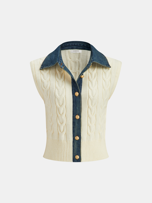 Denim Paneled Cable Knit Sleeveless Vest