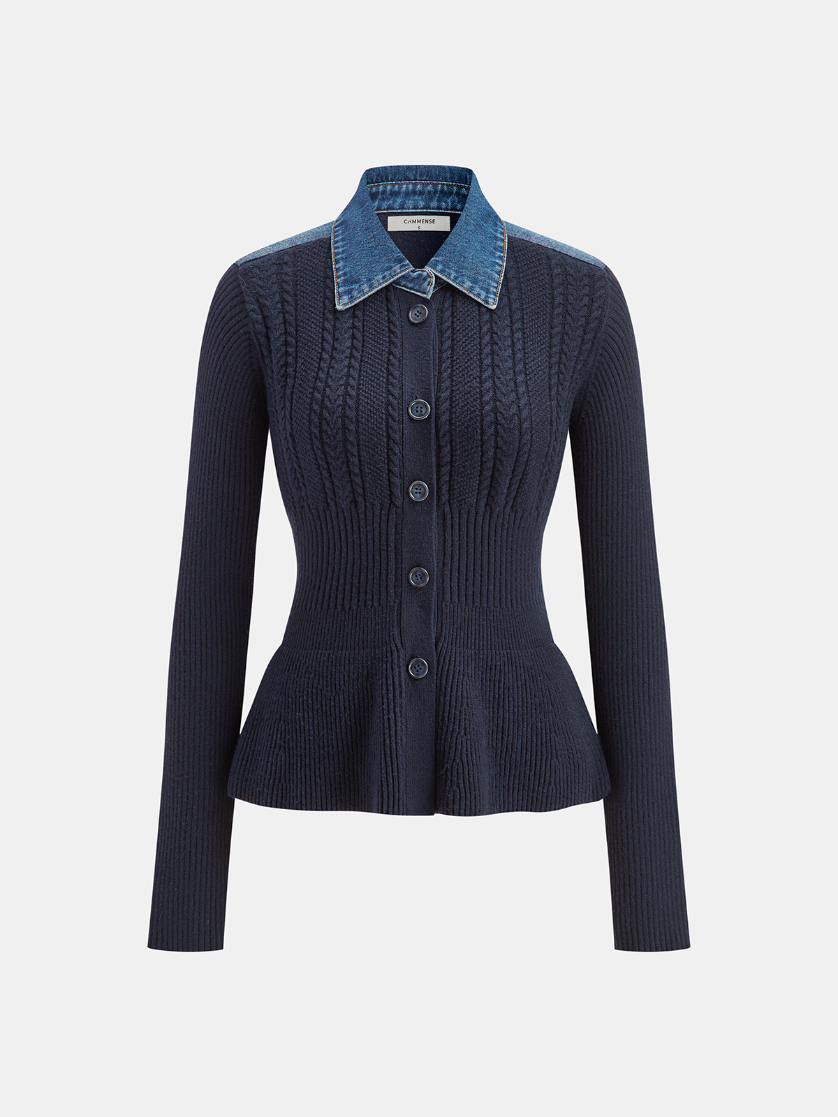 Denim Collar Cable Knit Button-Front Peplum Cardigan