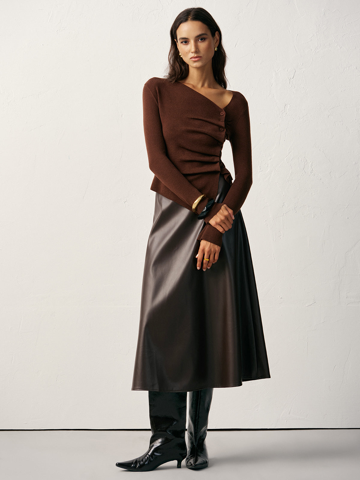 Wool Blend Asymmetric Ruched Side-Button Cardigan