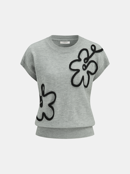 Floral Applique Cap Sleeve Sweater Vest