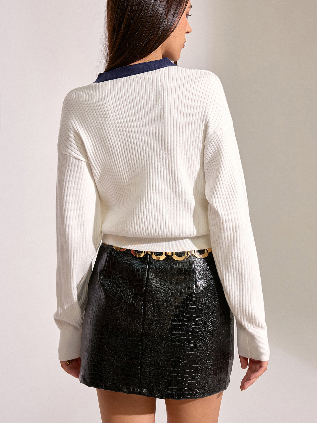 Contrast Trim Metal Button Cardigan