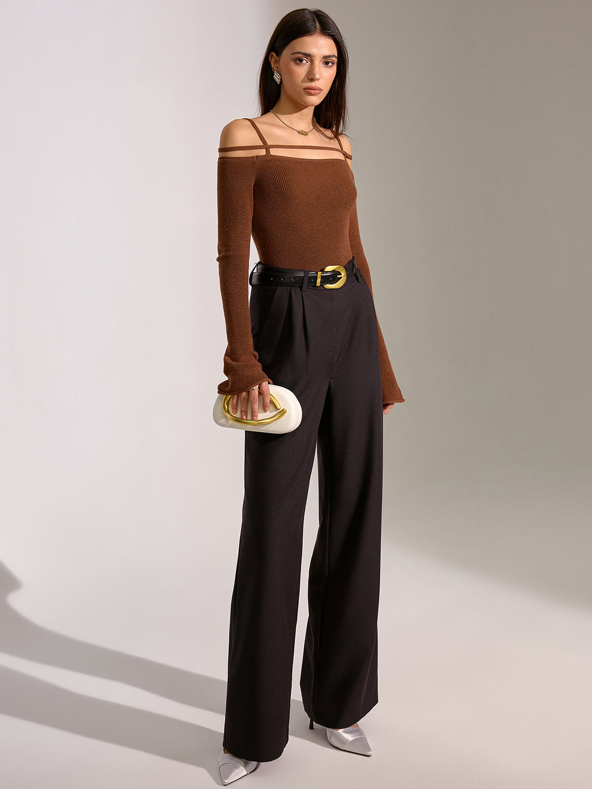 Flared Cuff Wool Blend Off-Shoulder Knit Top